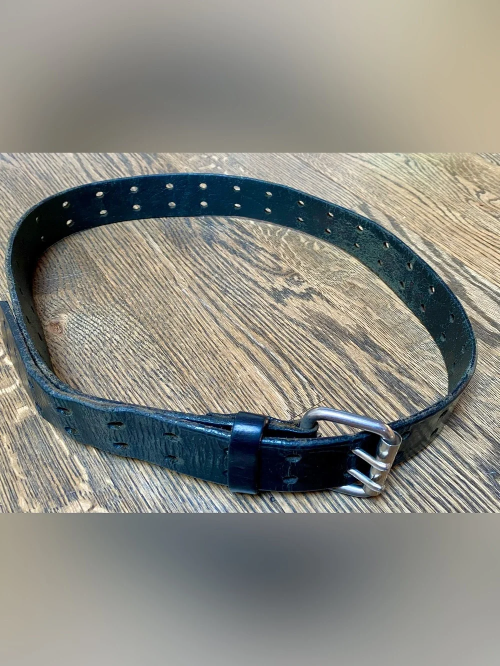 Black Leather Men's Belt with Silver Buckle Double Prong Utility Style